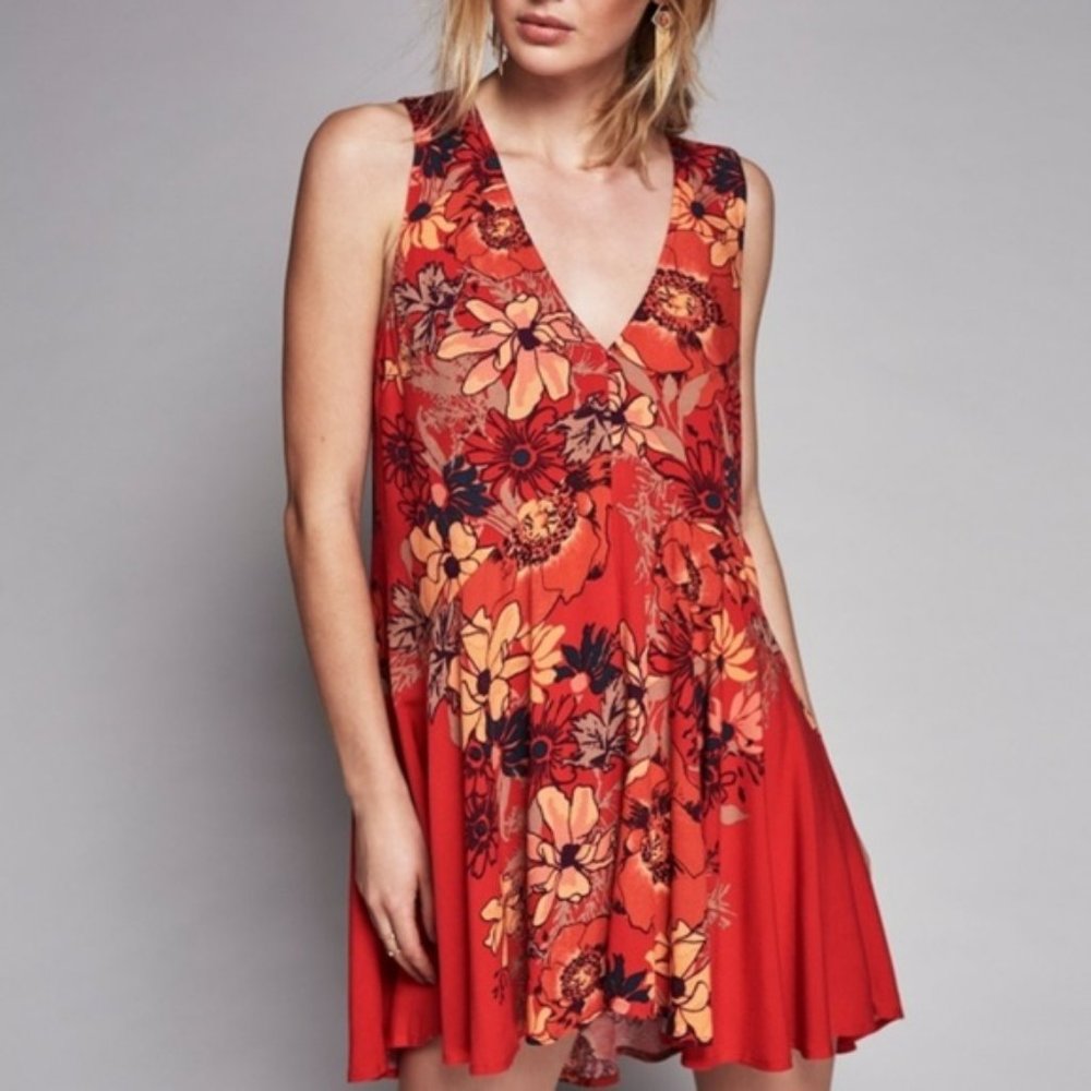 Free People Red Floral Tunic Dress Med